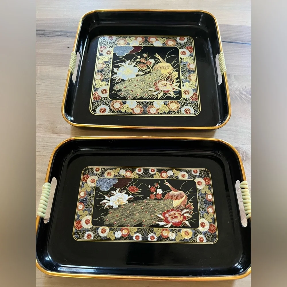 Vintage Japan lacquerware black gold peacock floral serving trays, set of two
